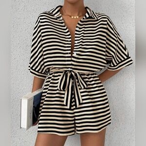 Tan Striped Tie Waist Romper